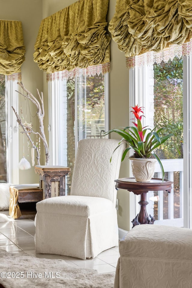 living area featuring a wealth of natural light and tile patterned flooring