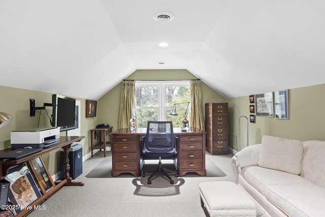 office with vaulted ceiling, baseboards, visible vents, and carpet floors