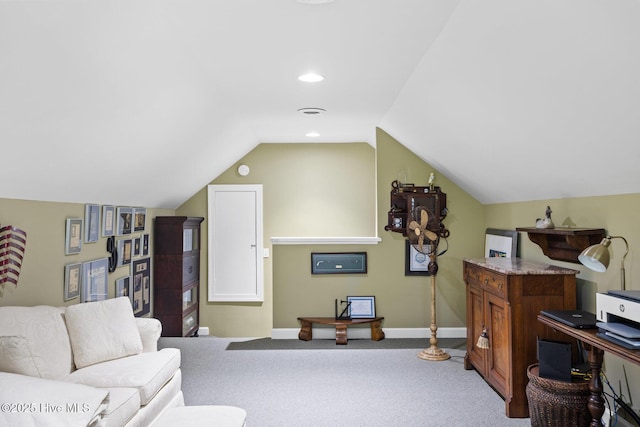 living room featuring recessed lighting, baseboards, carpet flooring, and vaulted ceiling