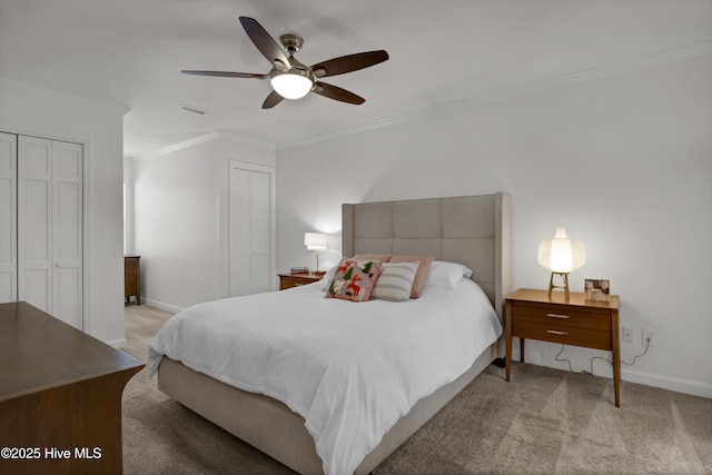 bedroom featuring light carpet, visible vents, baseboards, and ornamental molding