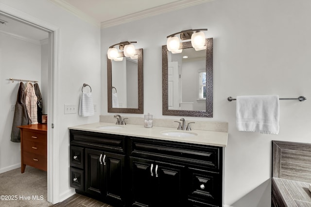 bathroom featuring double vanity, crown molding, baseboards, and a sink