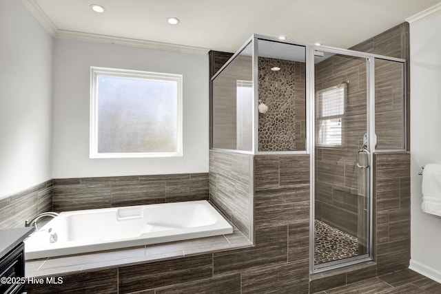 full bathroom featuring a shower stall, a bath, crown molding, and recessed lighting