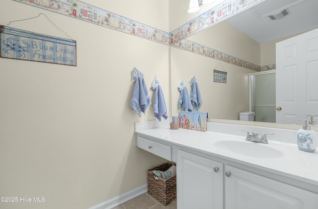 full bathroom featuring visible vents, toilet, a shower stall, vanity, and tile patterned flooring