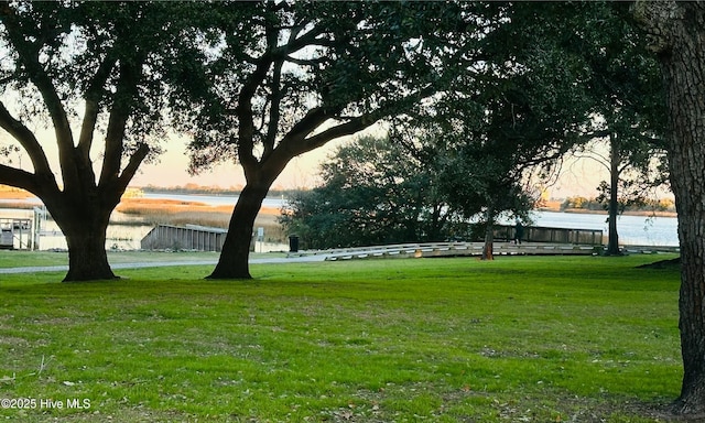 view of community featuring a water view and a lawn