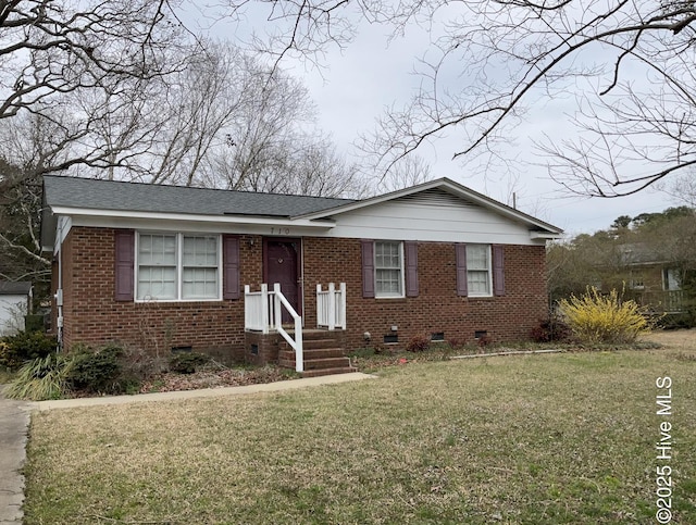 view of front facade featuring crawl space, brick siding, roof with shingles, and a front lawn