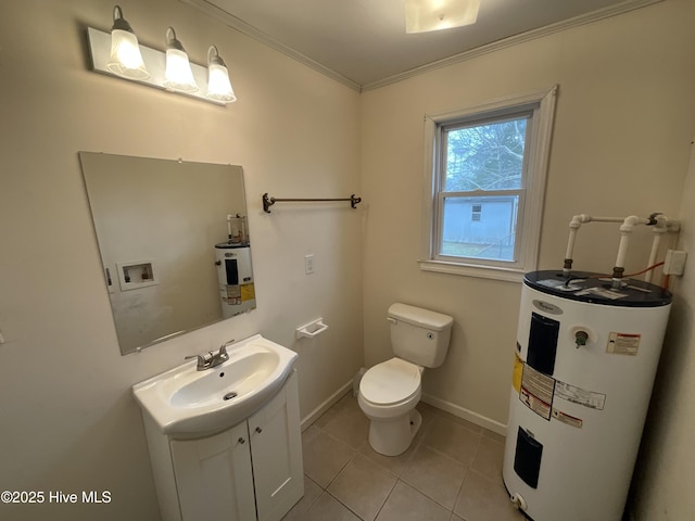 half bathroom with vanity, ornamental molding, tile patterned flooring, electric water heater, and toilet