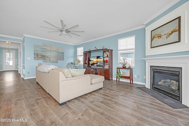 living room featuring a glass covered fireplace, crown molding, and light wood-type flooring