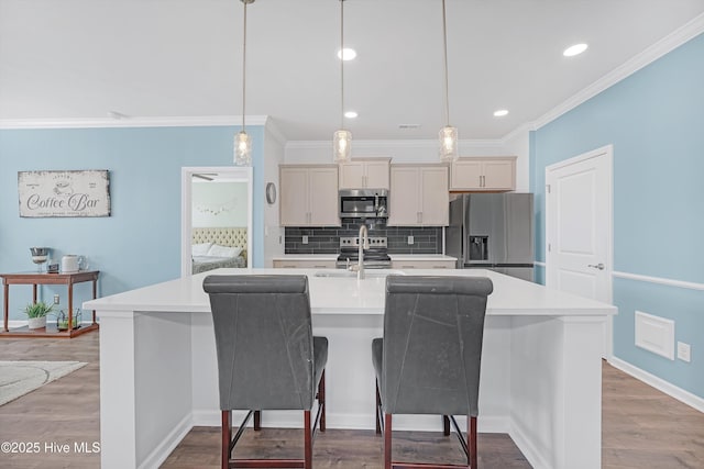 kitchen with a center island with sink, stainless steel appliances, light countertops, and a sink