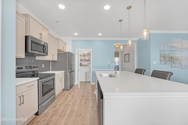 kitchen with a kitchen island with sink, ornamental molding, a sink, tasteful backsplash, and stainless steel appliances