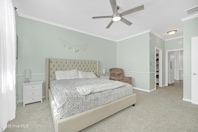 bedroom featuring crown molding, carpet, and visible vents