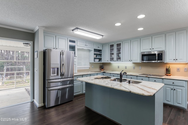 kitchen featuring glass insert cabinets, appliances with stainless steel finishes, a kitchen island with sink, a sink, and dark wood-style floors