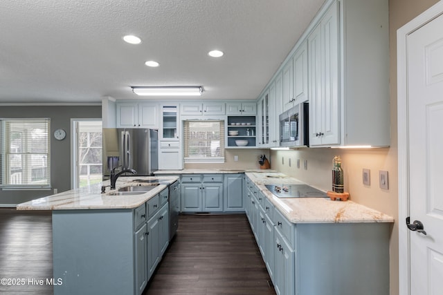kitchen with dark wood-type flooring, blue cabinetry, a kitchen island with sink, a sink, and stainless steel appliances