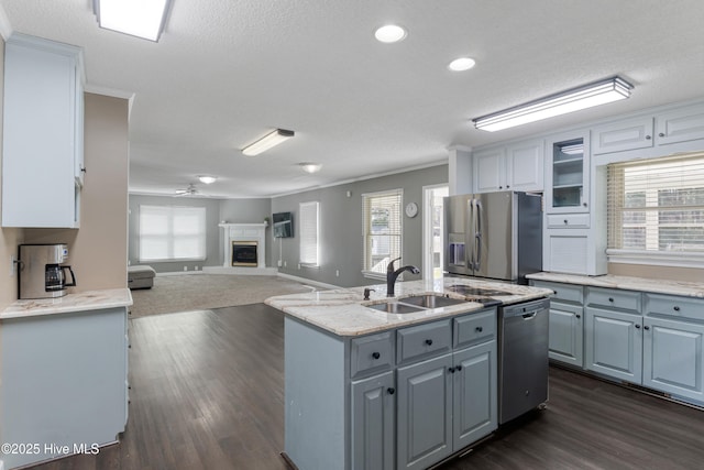 kitchen featuring an island with sink, glass insert cabinets, dark wood-style floors, stainless steel appliances, and a sink