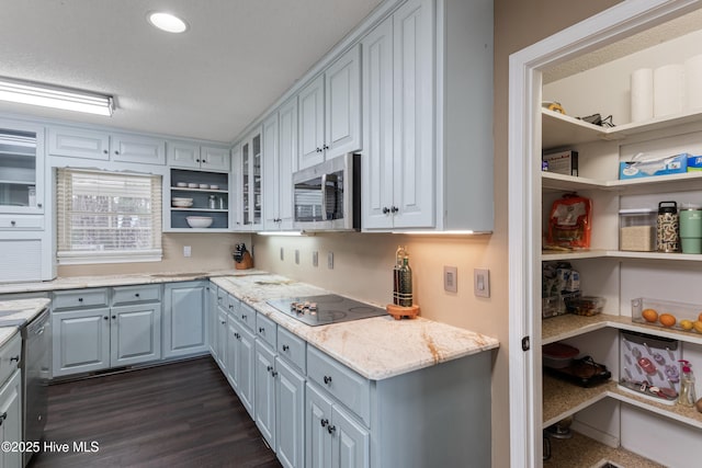 kitchen featuring glass insert cabinets, open shelves, dark wood-style flooring, white cabinetry, and stainless steel appliances