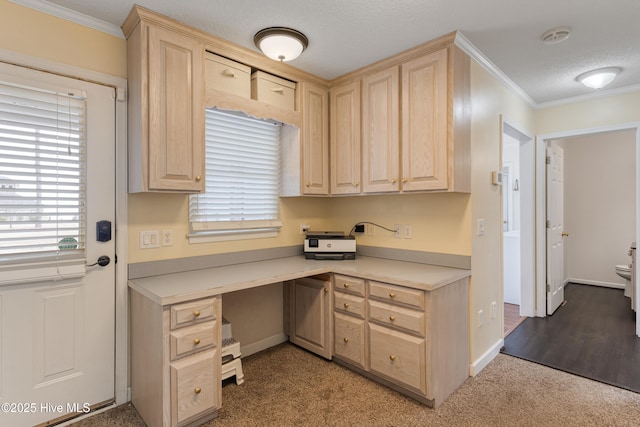 carpeted office space with built in desk, baseboards, crown molding, and a textured ceiling