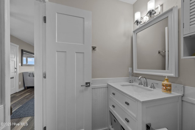 bathroom featuring wood finished floors and vanity