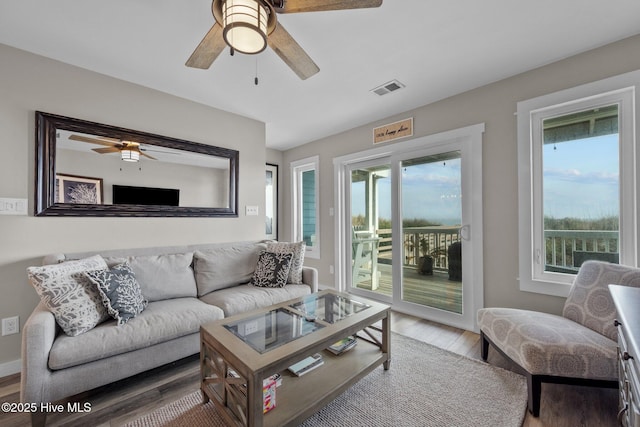 living area with ceiling fan, wood finished floors, visible vents, and a healthy amount of sunlight