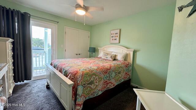 carpeted bedroom featuring ceiling fan and access to exterior