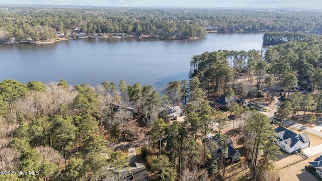 drone / aerial view with a water view and a wooded view