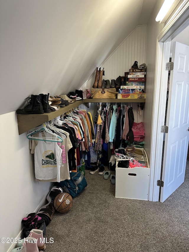 spacious closet with lofted ceiling and carpet floors