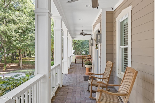 view of patio / terrace featuring a porch and ceiling fan