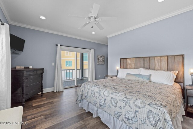 bedroom featuring ornamental molding, access to exterior, wood finished floors, baseboards, and ceiling fan