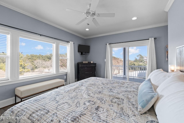 bedroom with access to outside, recessed lighting, crown molding, baseboards, and ceiling fan