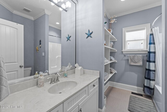 bedroom with dark wood finished floors, recessed lighting, two closets, and ornamental molding