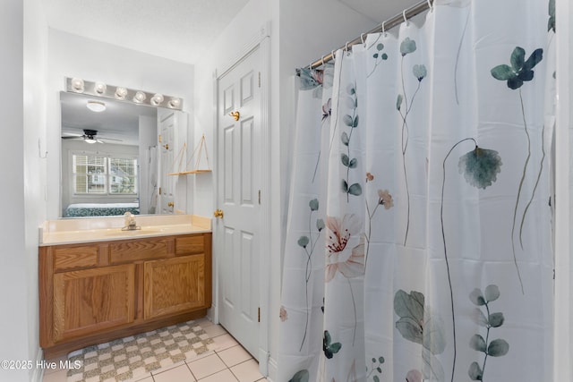 full bathroom with a shower with shower curtain and vanity