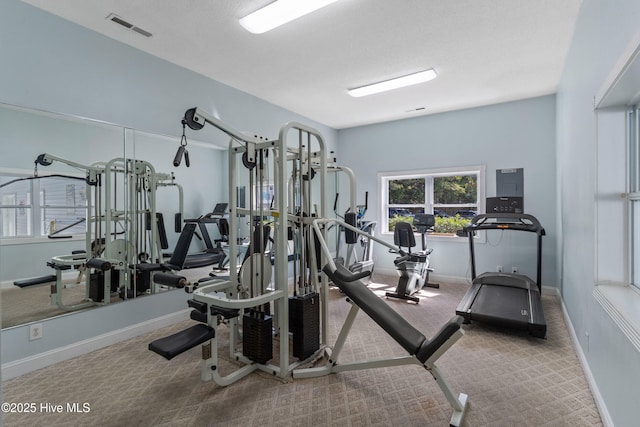 gym featuring carpet, visible vents, and baseboards