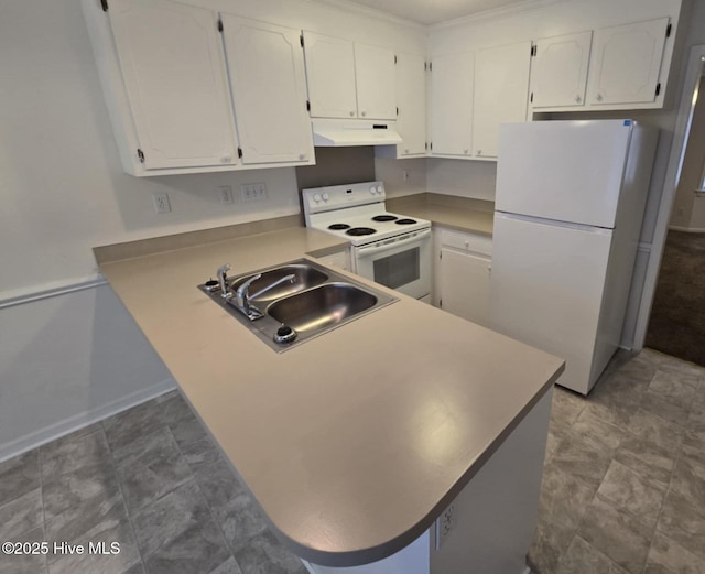 kitchen with white cabinets, a sink, a peninsula, white appliances, and under cabinet range hood