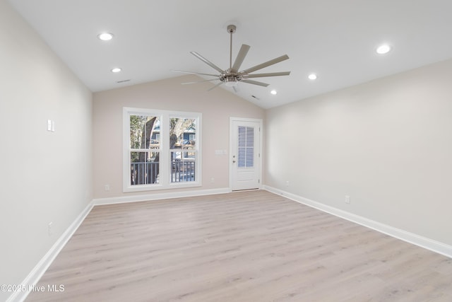 unfurnished living room featuring recessed lighting, a ceiling fan, light wood-type flooring, and lofted ceiling