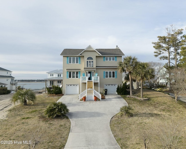 beach home with stairway, an attached garage, concrete driveway, and a water view