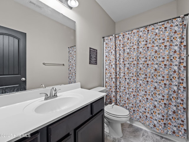 bathroom with a shower with shower curtain, visible vents, toilet, and vanity