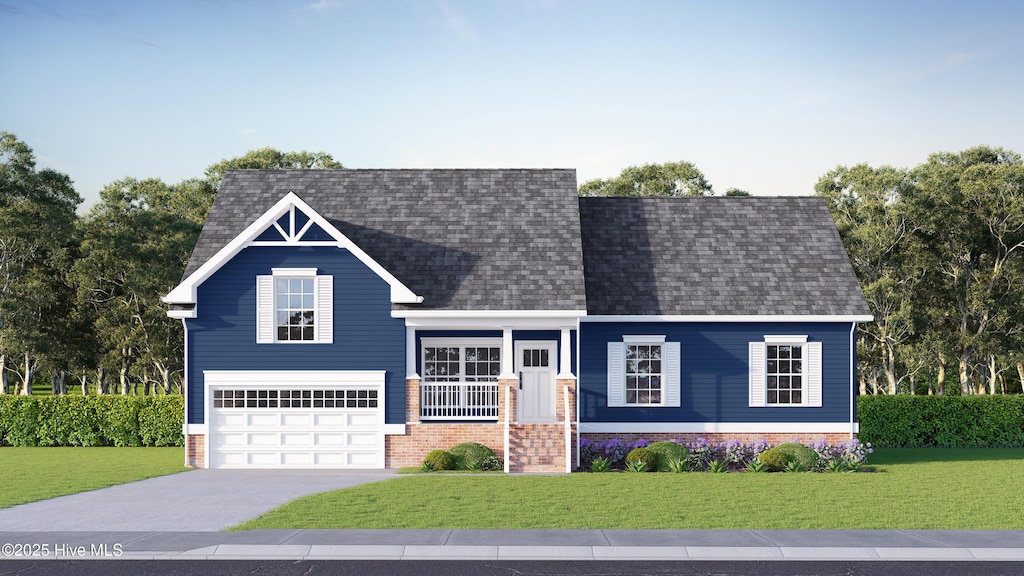 view of front of house with a garage, a front yard, concrete driveway, and roof with shingles