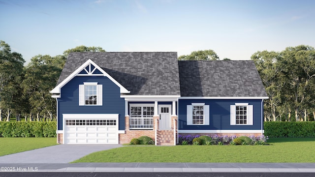 view of front of house with a garage, a front yard, concrete driveway, and roof with shingles