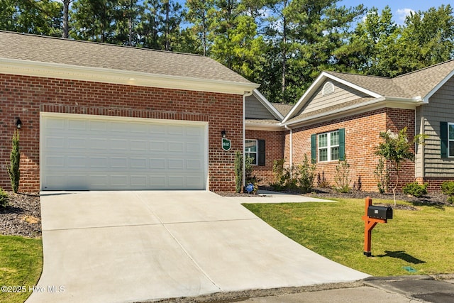 ranch-style home featuring roof with shingles, concrete driveway, a front lawn, a garage, and brick siding