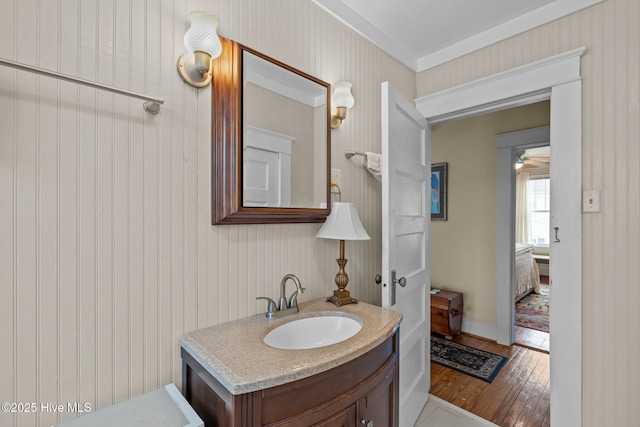 bathroom featuring vanity, a ceiling fan, and wood finished floors