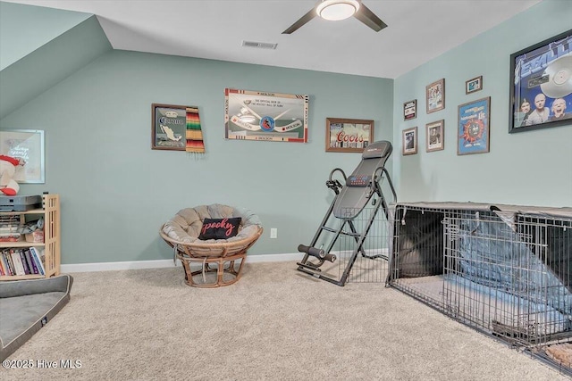 game room featuring visible vents, baseboards, lofted ceiling, carpet floors, and a ceiling fan