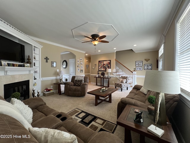 6725 Hemlock Ct, Sims, NC 27880 - living room with recessed lighting, a high end fireplace, arched walkways, carpet flooring, and ceiling fan