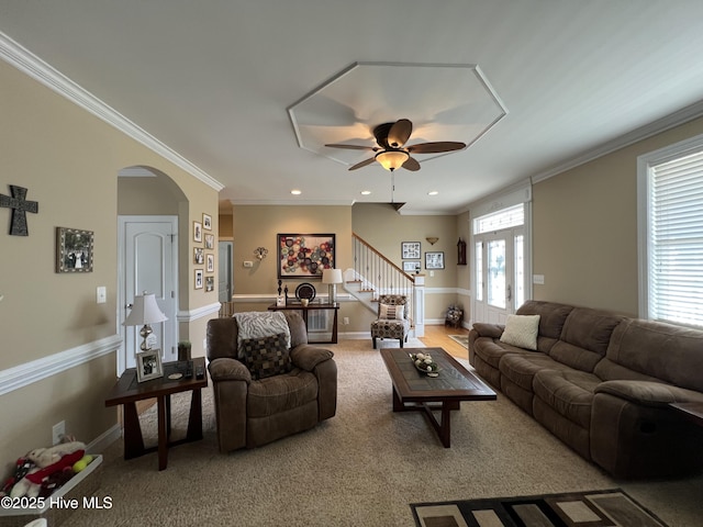 6725 Hemlock Ct, Sims, NC 27880 - carpeted living area with crown molding, stairs, ceiling fan, arched walkways, and recessed lighting