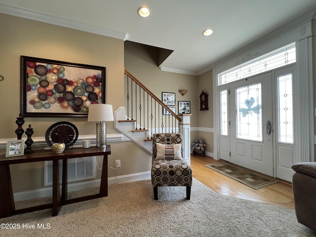 6725 Hemlock Ct, Sims, NC 27880 - entrance foyer with visible vents, recessed lighting, wood finished floors, stairs, and ornamental molding