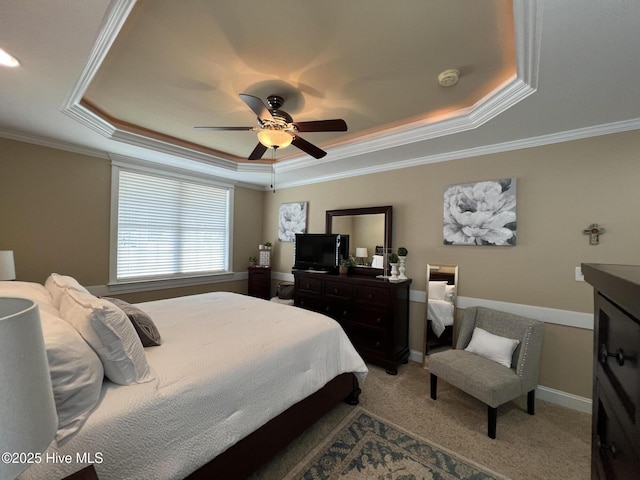 6725 Hemlock Ct, Sims, NC 27880 - bedroom with a raised ceiling, a ceiling fan, light colored carpet, and ornamental molding