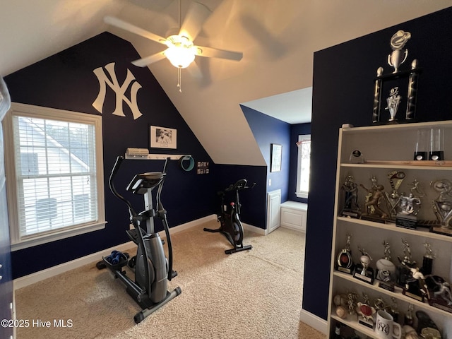6725 Hemlock Ct, Sims, NC 27880 - workout room featuring lofted ceiling, baseboards, a ceiling fan, and carpet flooring