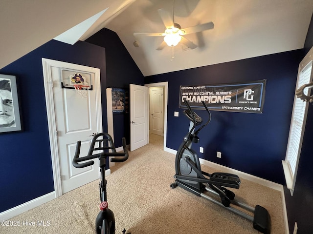 6725 Hemlock Ct, Sims, NC 27880 - exercise room with baseboards, lofted ceiling, carpet, and ceiling fan