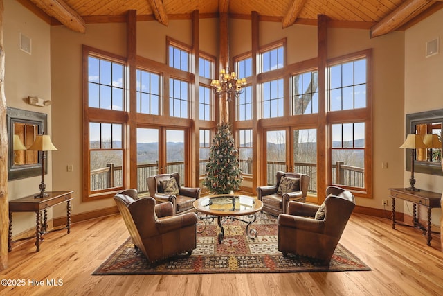 living area featuring visible vents, wood finished floors, a notable chandelier, and wooden ceiling