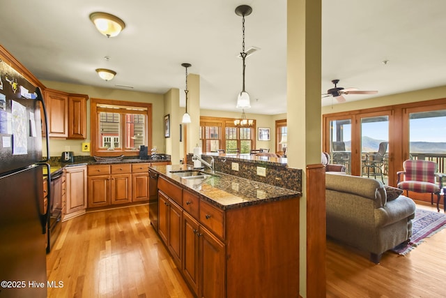 kitchen with a sink, light wood-style floors, black appliances, and a healthy amount of sunlight