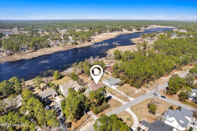 birds eye view of property with a residential view, a water view, and a wooded view