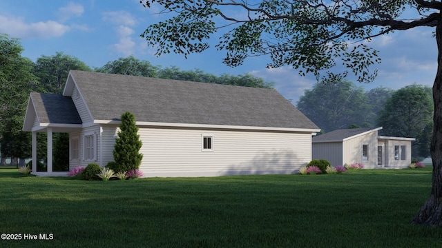 view of property exterior with a yard, a shingled roof, and an outdoor structure