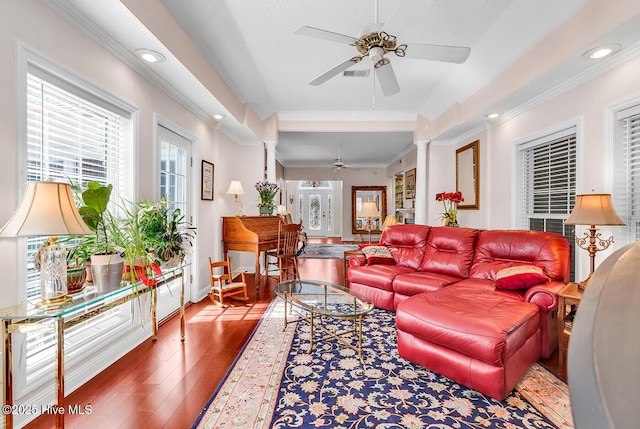 living room with hardwood / wood-style floors, a tray ceiling, decorative columns, and a healthy amount of sunlight